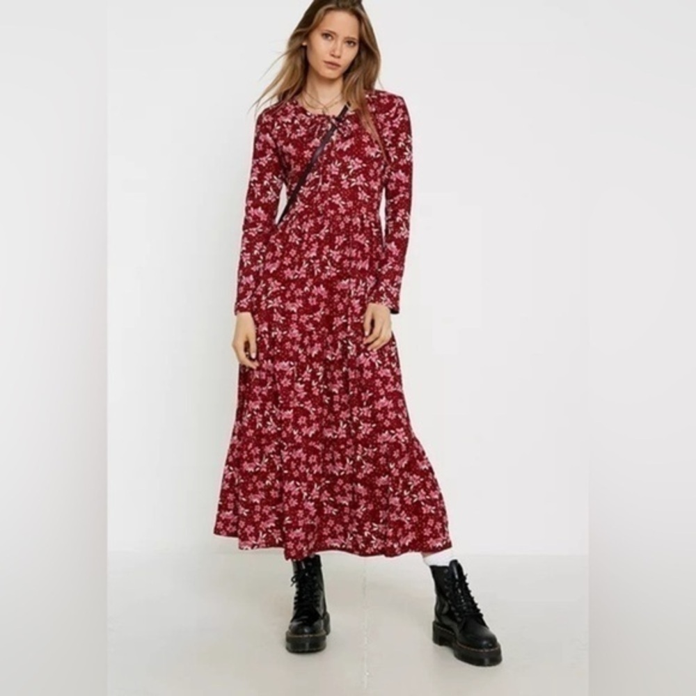 Free People Maxi Dress Tiers Of Joy Floral Boho cottage core maroon purple pink